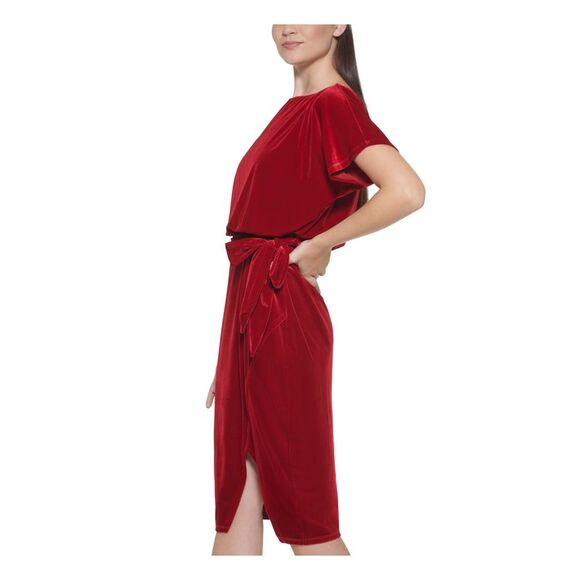 NWT KENSIE DRESSES Womens Red Tie Bell Sleeve Knee Length Faux Wrap Dress XS - Picture 3 of 5